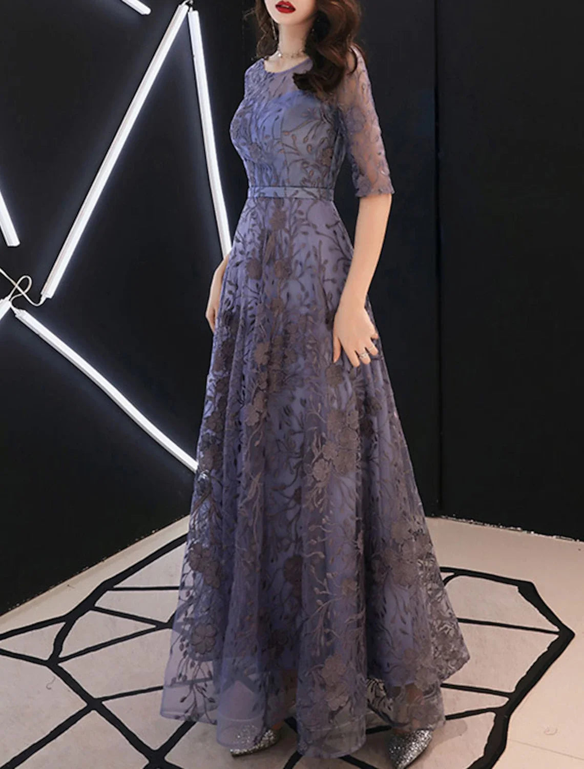 A-Line Evening Gown Floral Dress Wedding Guest Formal Evening Floor Length Half Sleeve Jewel Neck Tulle with Embroidery Pattern / Print 2026