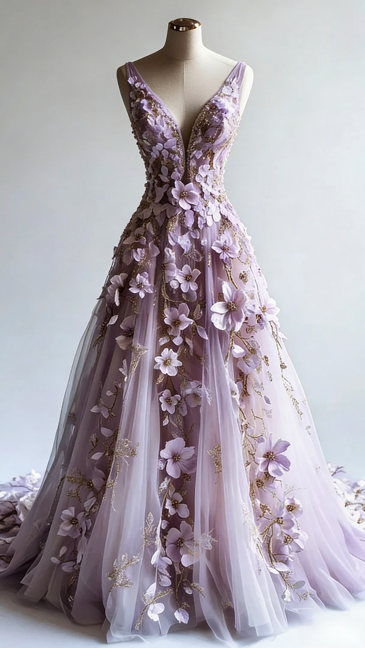 Retro A-Line V-Neck Tulle 3D Applique Wedding Dresses Simple Beaded Prom Gowns