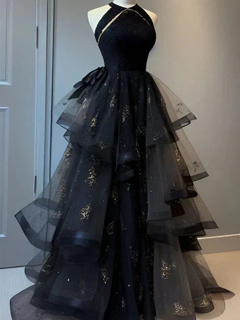 Retro Ball Gowns Scoop Neckline Black Tulle Prom Dress Prom Dress