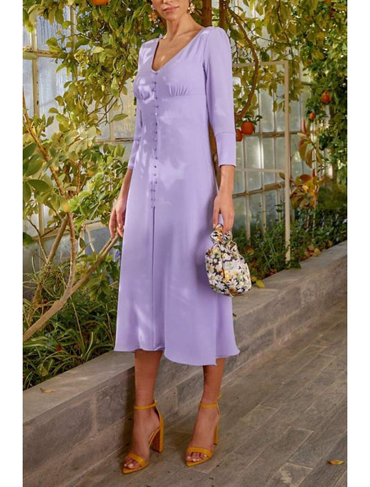 Sheath / Column Cocktail Dresses Minimalist Dress Wedding Guest Graduation Tea Length 3/4 Length Sleeve V Neck Chiffon with Buttons