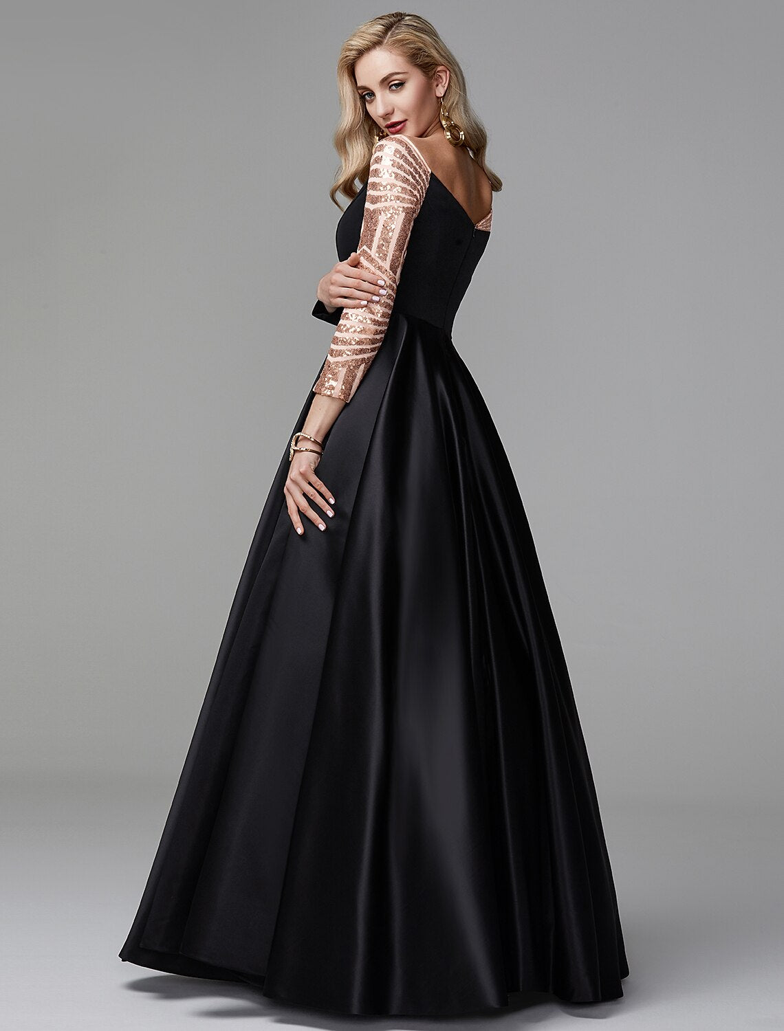 Ball Gown Black Dress Vintage Quinceanera Formal Evening Floor Length Long Sleeve Off Shoulder Satin with Sequin 2026