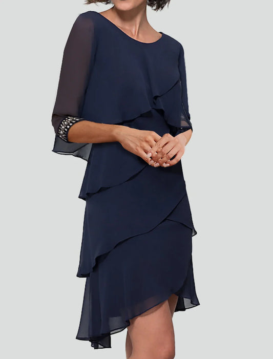 Sheath Party Dress Cocktail Dresses Tiered Plisse Dress Semi Formal Knee Length Half Sleeve Jewel Neck Fall Wedding Guest Chiffon with Rhinestone Ruffles 2026