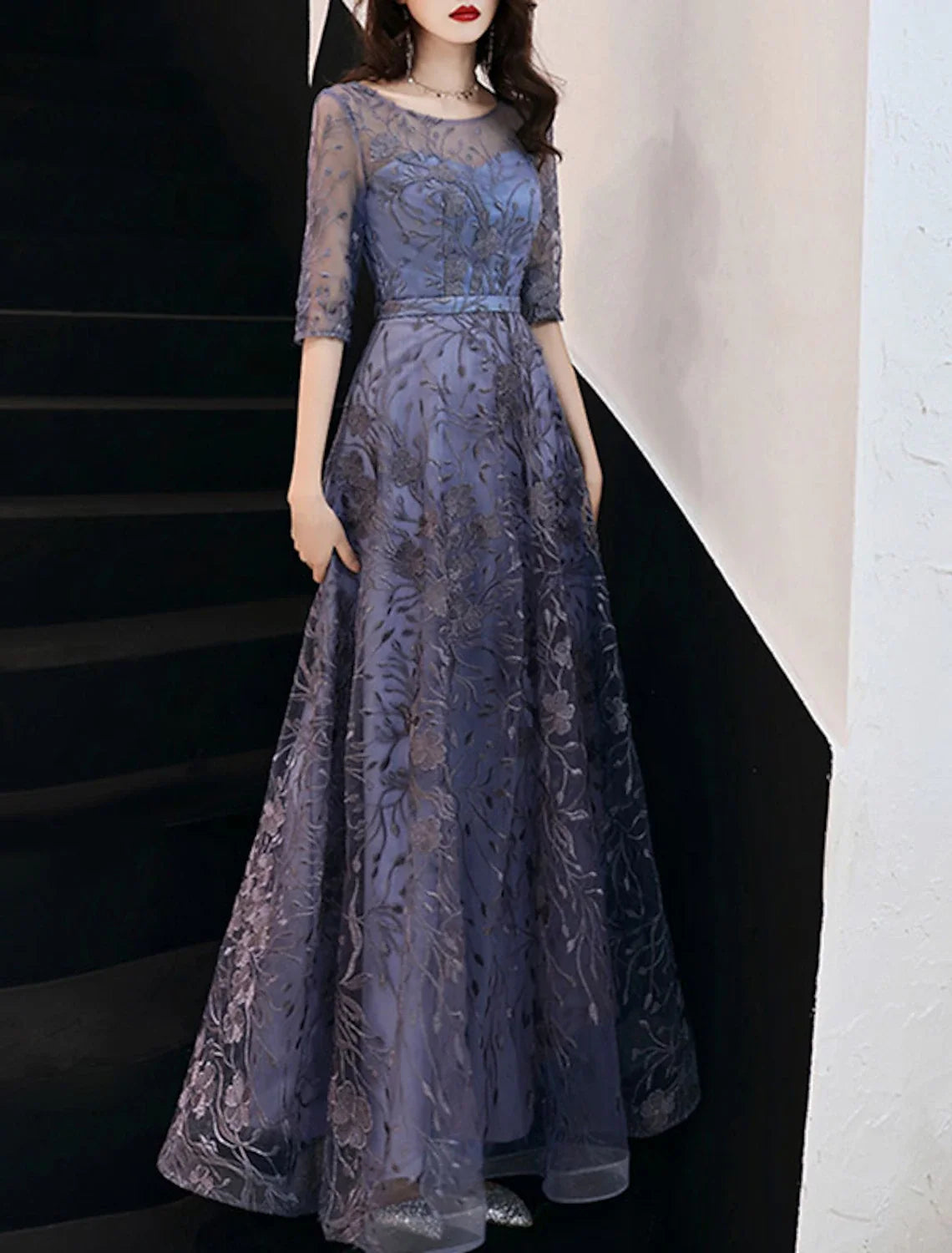 A-Line Evening Gown Floral Dress Wedding Guest Formal Evening Floor Length Half Sleeve Jewel Neck Tulle with Embroidery Pattern / Print 2026