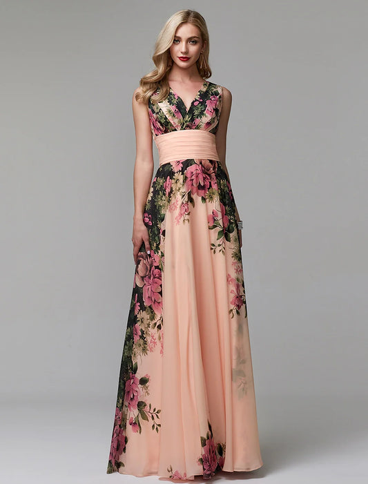 A-Line Party Dress Floral Dress Holiday Wedding Guest Floor Length Sleeveless V Neck Bridesmaid Dress Chiffon with Pattern / Print 2026