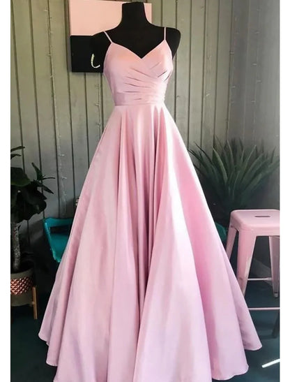 A-Line Prom Dresses Minimalist Dress Formal Wedding Guest Floor Length Sleeveless V Neck Bridesmaid Dress Satin Backless with Pleats Ruched
