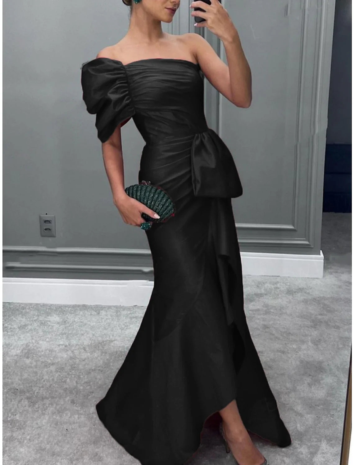 Mermaid / Trumpet Evening Gown Elegant Dress Formal Christmas Red Green Dress Sweep / Brush Train Short Sleeve One Shoulder Satin with Ruched Ruffles 2026