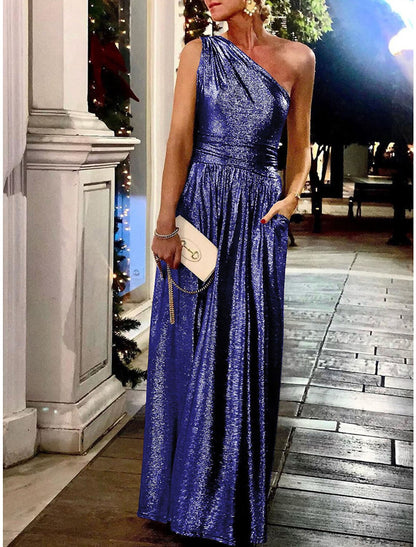 Women's Party Dress Homecoming Dress Wedding Guest Dress Long Dress Maxi Dress Silver Blue Purple Sleeveless Pure Color Pocket Summer Spring One Shoulder Fashion Evening Party Wedding Guest Vacation