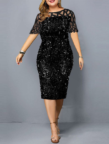 Sheath Formal Dress Red Green Dresses Plus Size Dress Wedding Wedding Guest Knee Length Short Sleeve Jewel Neck Sequined with Sequin
