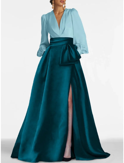 A-Line Evening Gown Elegant Dress Formal Sweep / Brush Train Formal Red Green Dress Long Sleeve V Neck Satin with Pleats Slit