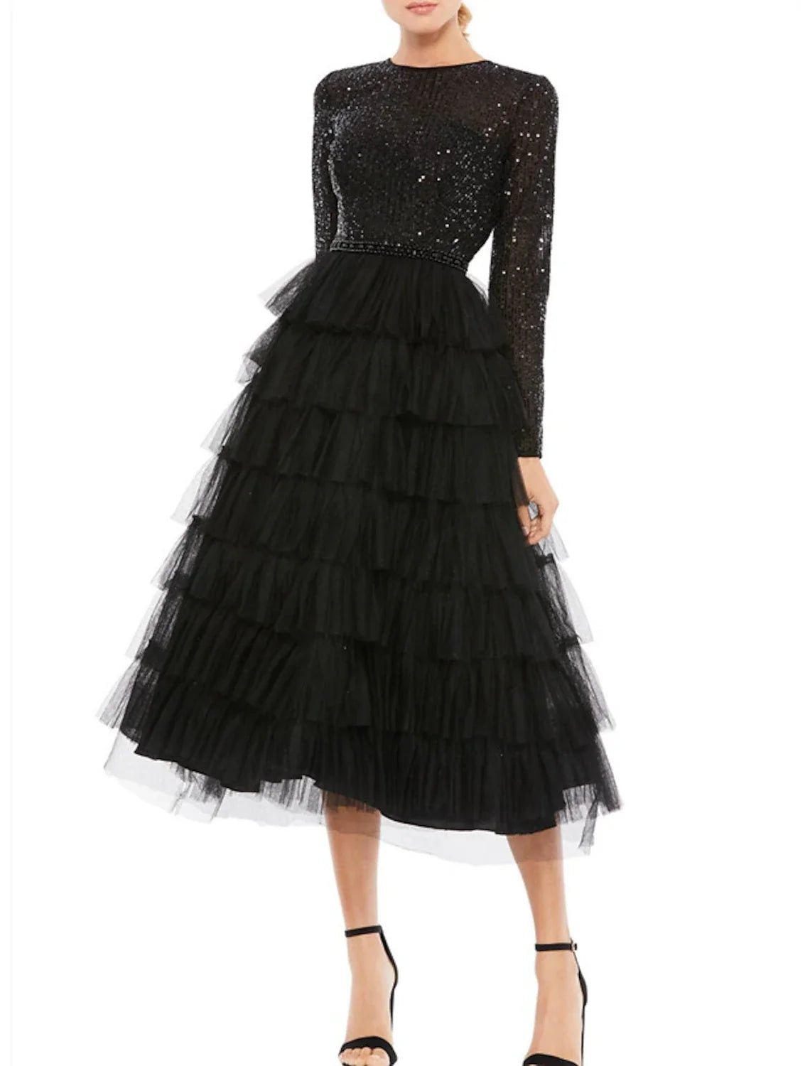 A-Line Cocktail Dresses Sparkle Black Dress Plus Size Party Wear Wedding Guest Tea Length Long Sleeve Jewel Neck Fall Wedding Guest Tulle with Sequin Tiered 2026