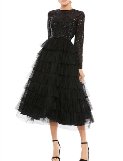 A-Line Cocktail Dresses Sparkle Black Dress Plus Size Party Wear Wedding Guest Tea Length Long Sleeve Jewel Neck Fall Wedding Guest Tulle with Sequin Tiered 2026