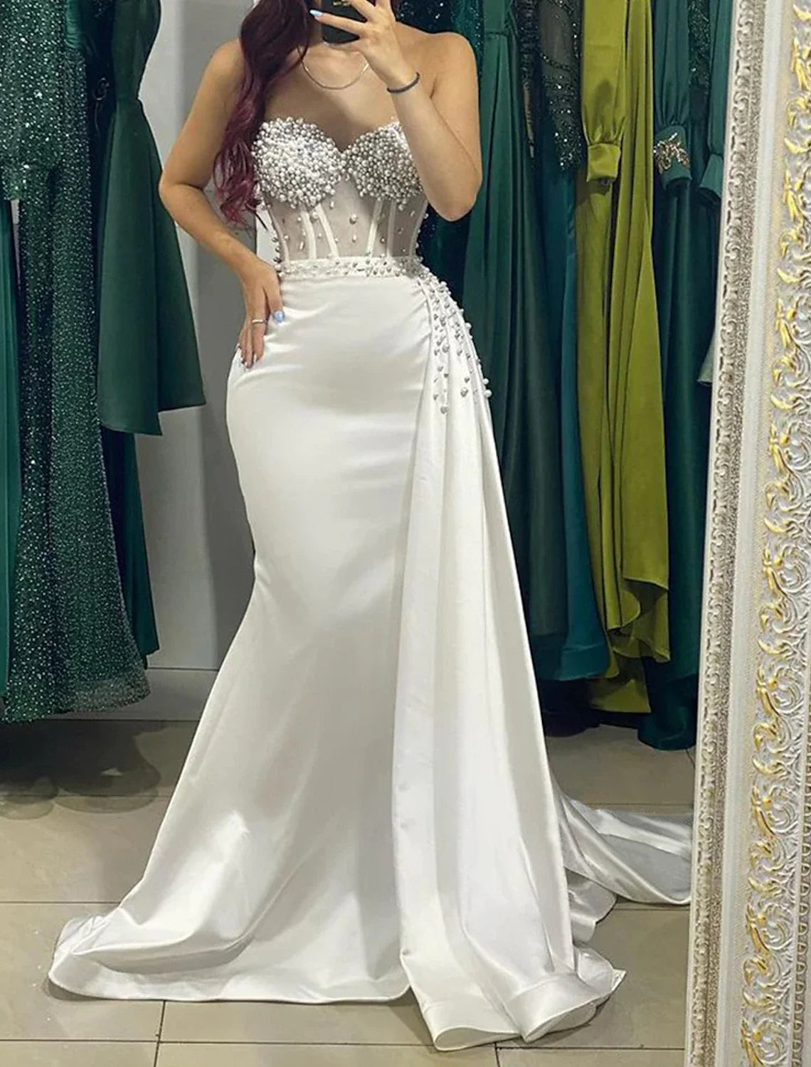 Mermaid / Trumpet Evening Gown Corsets Dress Formal Wedding Court Train Sleeveless Strapless Satin with Ruched Pearls 2026