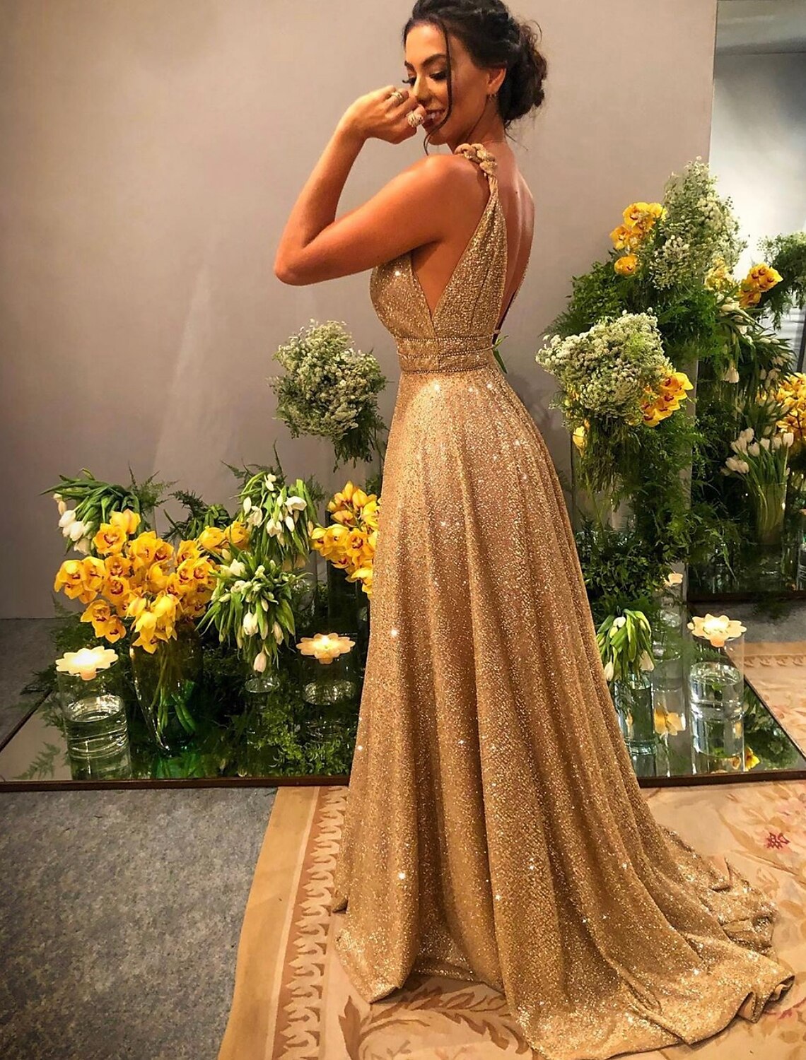 A-Line Prom Dresses Glittering Dress Evening Party Dress Formal Evening Sweep / Brush Train Sleeveless Spaghetti Strap Satin Backless with Rhinestone