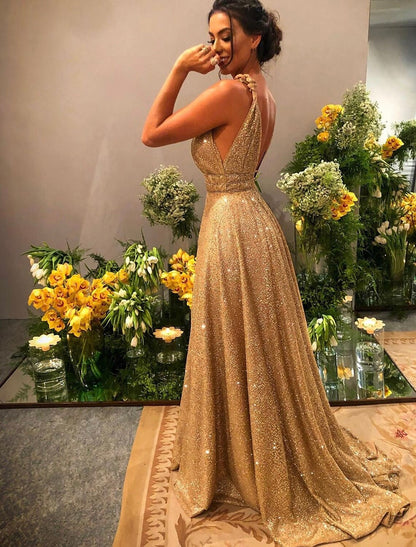 A-Line Prom Dresses Glittering Dress Evening Party Dress Formal Evening Sweep / Brush Train Sleeveless Spaghetti Strap Satin Backless with Rhinestone