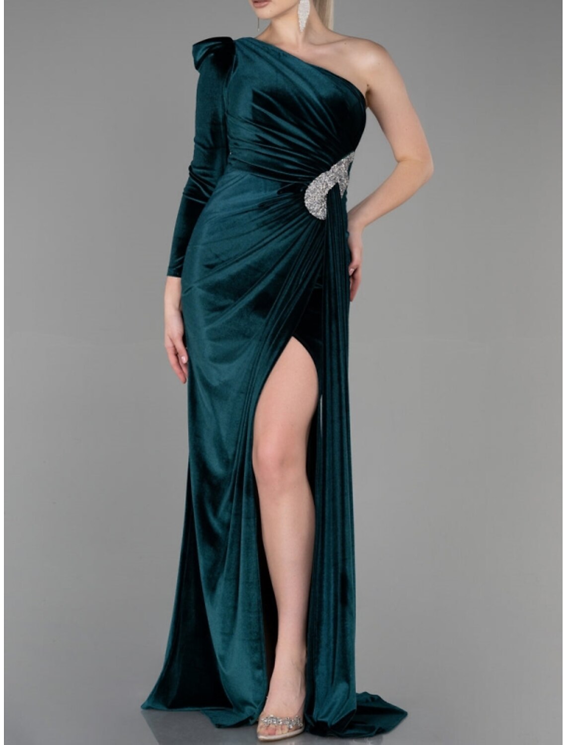 A-Line Evening Gown Christmas Elegant Dress Formal Sweep / Brush Train Long Sleeve One Shoulder Velvet with Glitter Pleats Ruched 2026