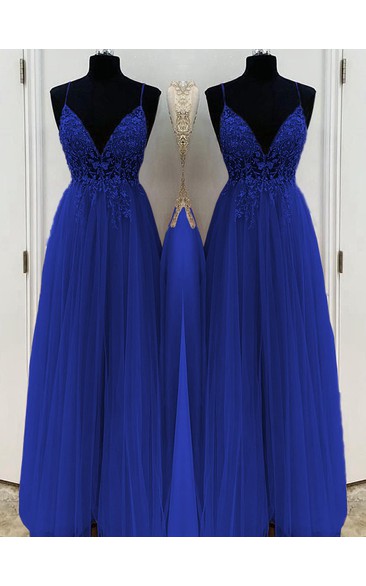 A-line/elegant beaded chiffon thin shoulder strap sleeveless floor length Prom dress