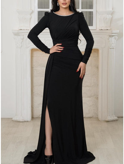 A-Line Evening Gown Elegant Dress Formal Sweep / Brush Train Black Dress Long Sleeve Scoop Neck Fabric with Pleats Ruched Sequin
