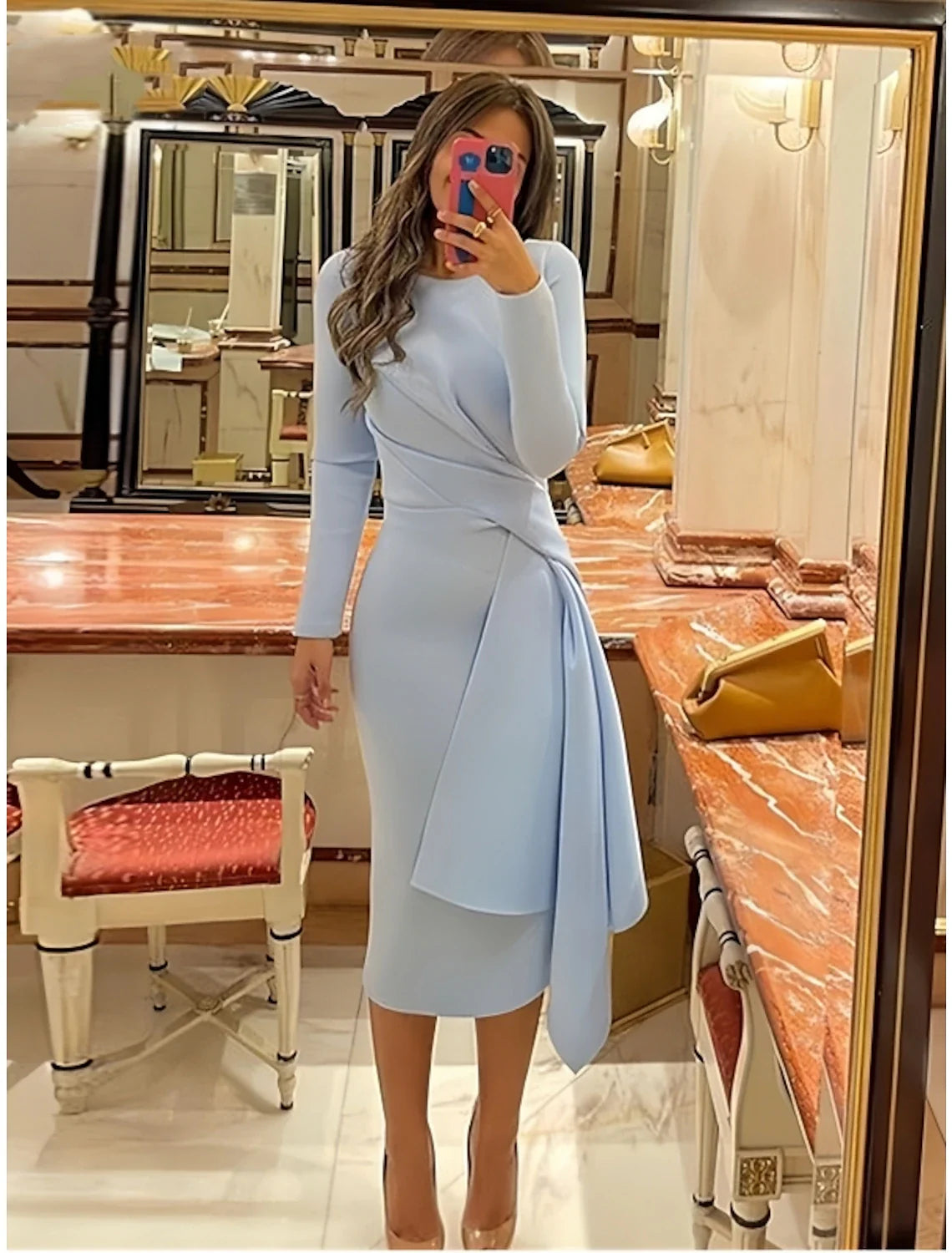 Sheath / Column Cocktail Dresses Elegant Dress Formal Fall Knee Length Long Sleeve Jewel Neck Fabric with Pleats Ruched