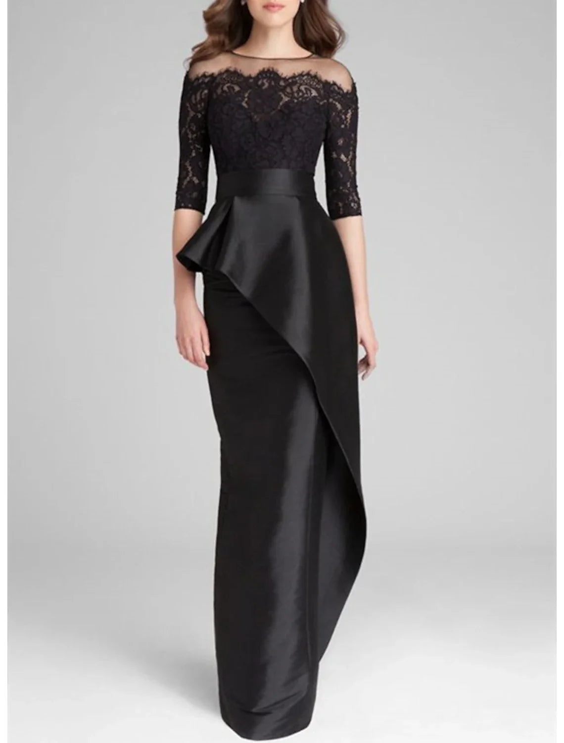 Mermaid / Trumpet Mother of the Bride Dress Wedding Guest Elegant Simple Jewel Neck Floor Length Satin Lace Half Sleeve with Ruffles Applique