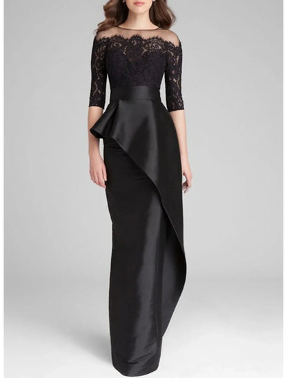 Mermaid / Trumpet Mother of the Bride Dress Wedding Guest Elegant Simple Jewel Neck Floor Length Satin Lace Half Sleeve with Ruffles Applique