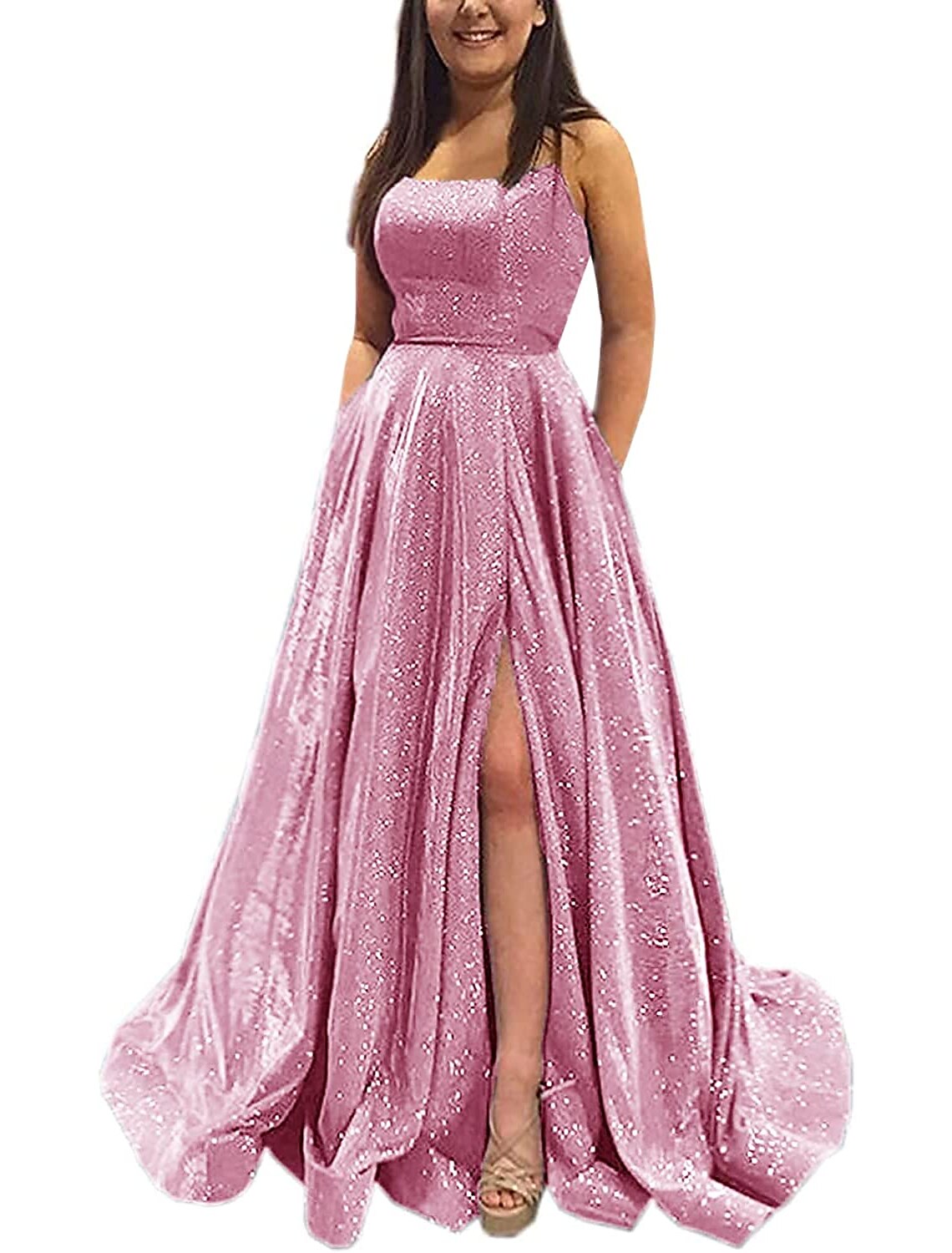 A-Line Prom Dresses Sparkle & Shine Dress Formal Prom Floor Length Sleeveless Strapless Pocket Satin Backless with Slit Pocket