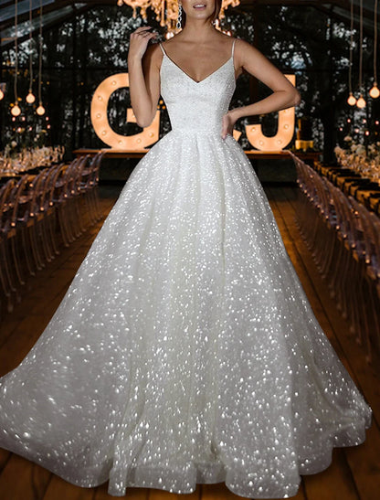 Hall Sparkle & Shine Casual Wedding Dresses A-Line Camisole V Neck Spaghetti Strap Sweep / Brush Train Sequined Bridal Gowns With Solid Color Summer Fall Wedding Party 2026, Women's Clothing