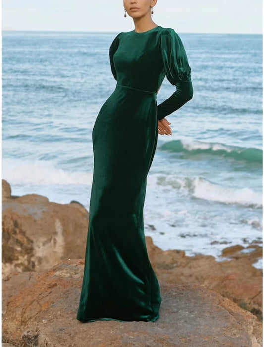 A-Line Evening Gown Elegant Dress Formal Fall Floor Length Long Sleeve Jewel Neck Velvet with Ruched