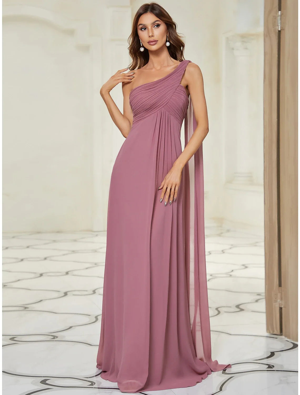 A-Line Evening Gown Empire Dress Wedding Guest Formal Evening Floor Length Sleeveless One Shoulder Bridesmaid Dress Chiffon Backless with Pleats Draping