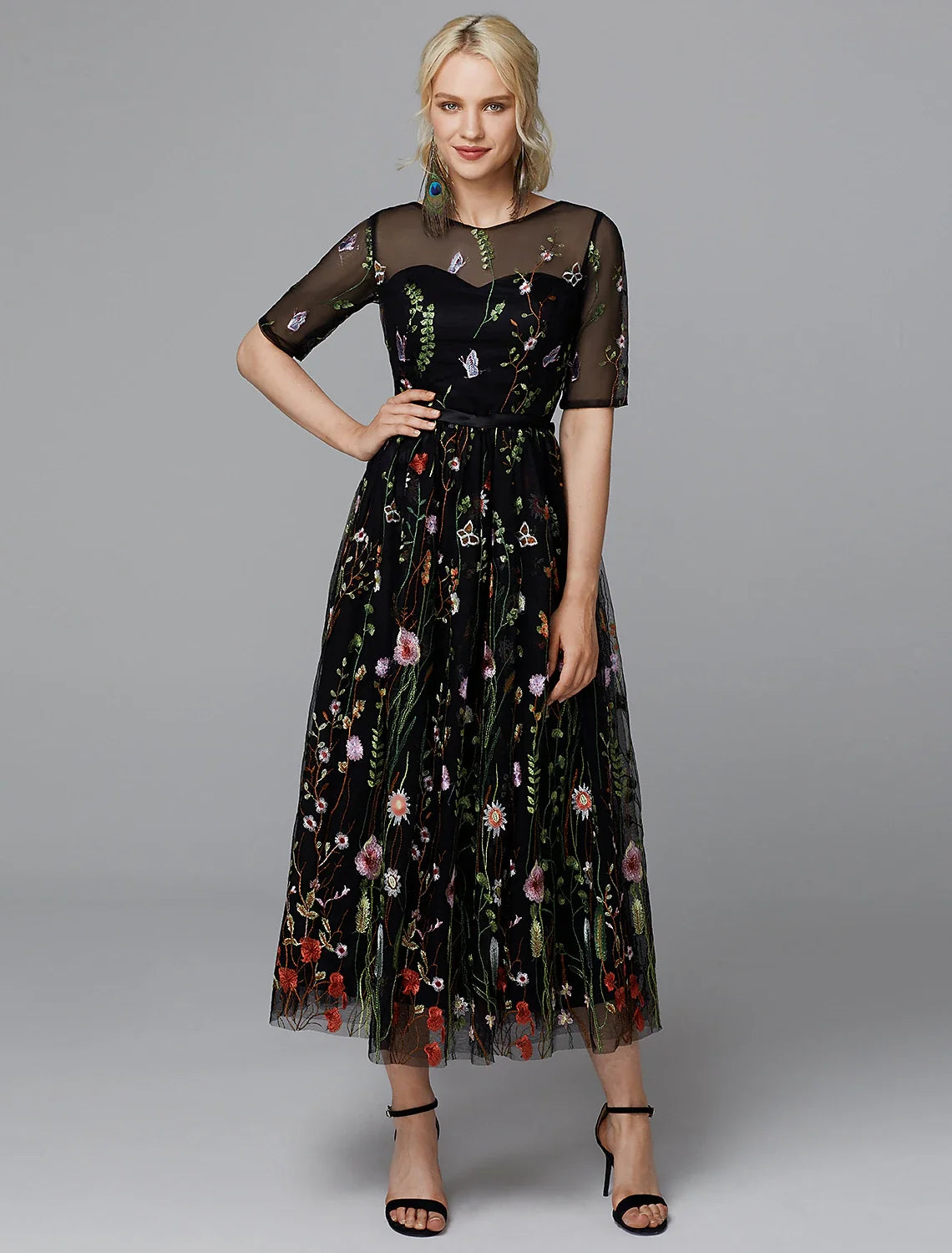 A-Line Floral Dress Wedding Guest Holiday Tea Length Half Sleeve Illusion Neck Lace with Embroidery Appliques