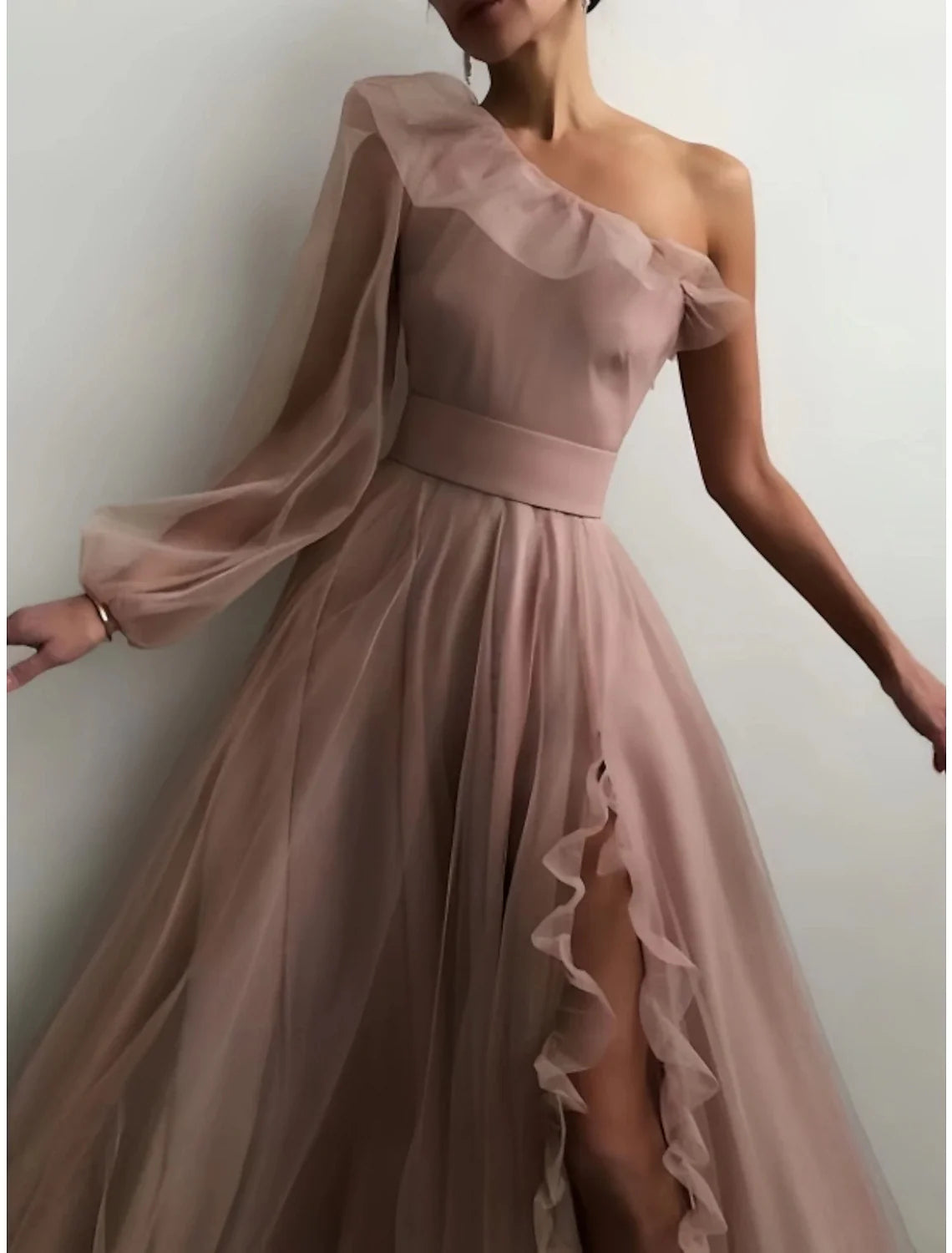 Sheath Prom Dress Elegant Black Dress Plus Size Evening Birthday Floor Length Long Sleeve One Shoulder Tulle with Pleats Ruffles Slit 2025