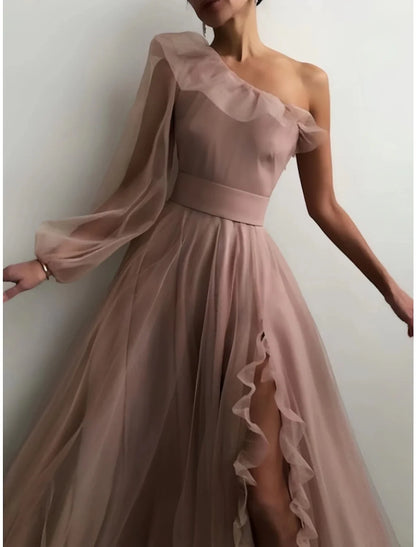 Sheath Prom Dress Elegant Black Dress Plus Size Evening Birthday Floor Length Long Sleeve One Shoulder Tulle with Pleats Ruffles Slit 2025