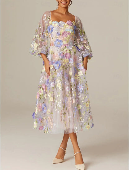 A-Line Prom Dresses Vintage Dress Valentine's Day Prom Tea Length Long Sleeve Square Neck Tulle with Appliques