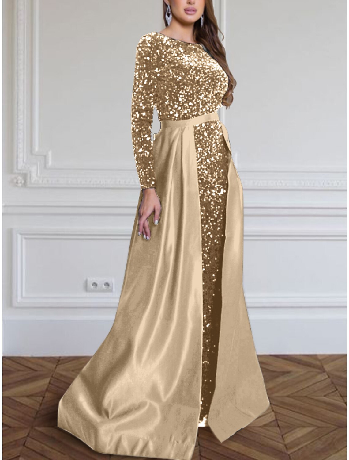 A-Line Evening Gown Sparkle & Shine Black Dress Plus Size Formal Fall Sweep / Brush Train Long Sleeve Jewel Neck Sequined with Glitter Pleats 2026