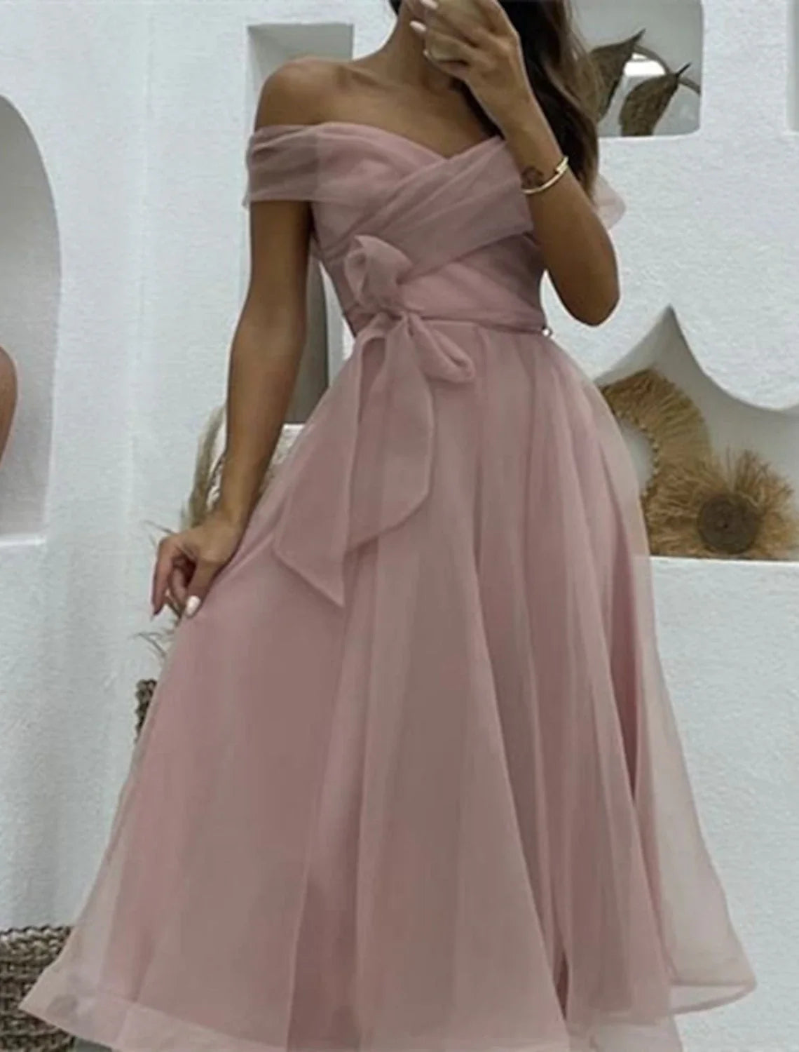 A-Line Cocktail Dresses 1950s Dress Wedding Guest Birthday Tea Length Sleeveless Off Shoulder Belt / Sash Organza with Ruched 2026