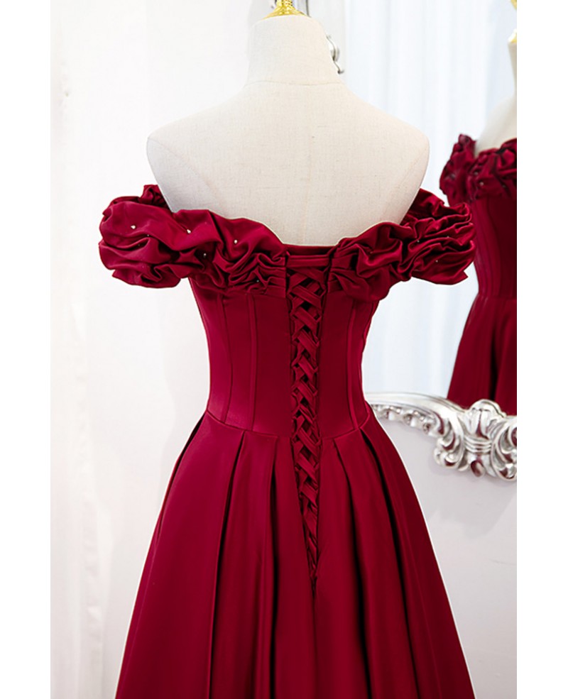 Noble and elegant wine red sleeveless off shoulder beaded ball dress with wine red A-shaped backless strap and ground length ruffled hem prom dress