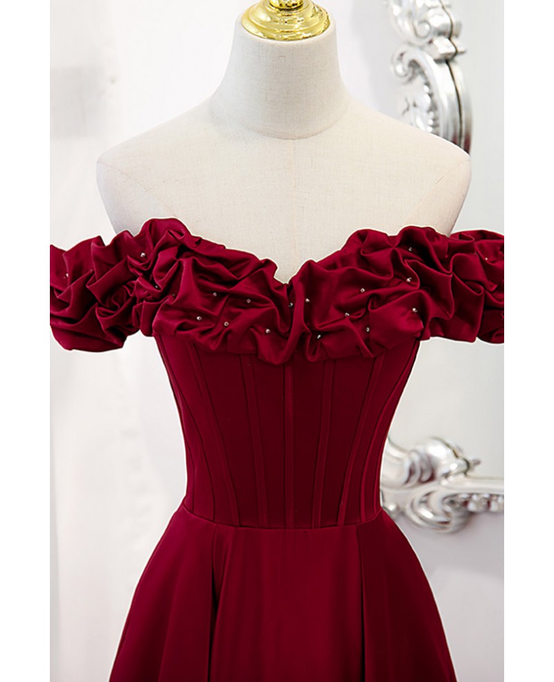Noble and elegant wine red sleeveless off shoulder beaded ball dress with wine red A-shaped backless strap and ground length ruffled hem prom dress