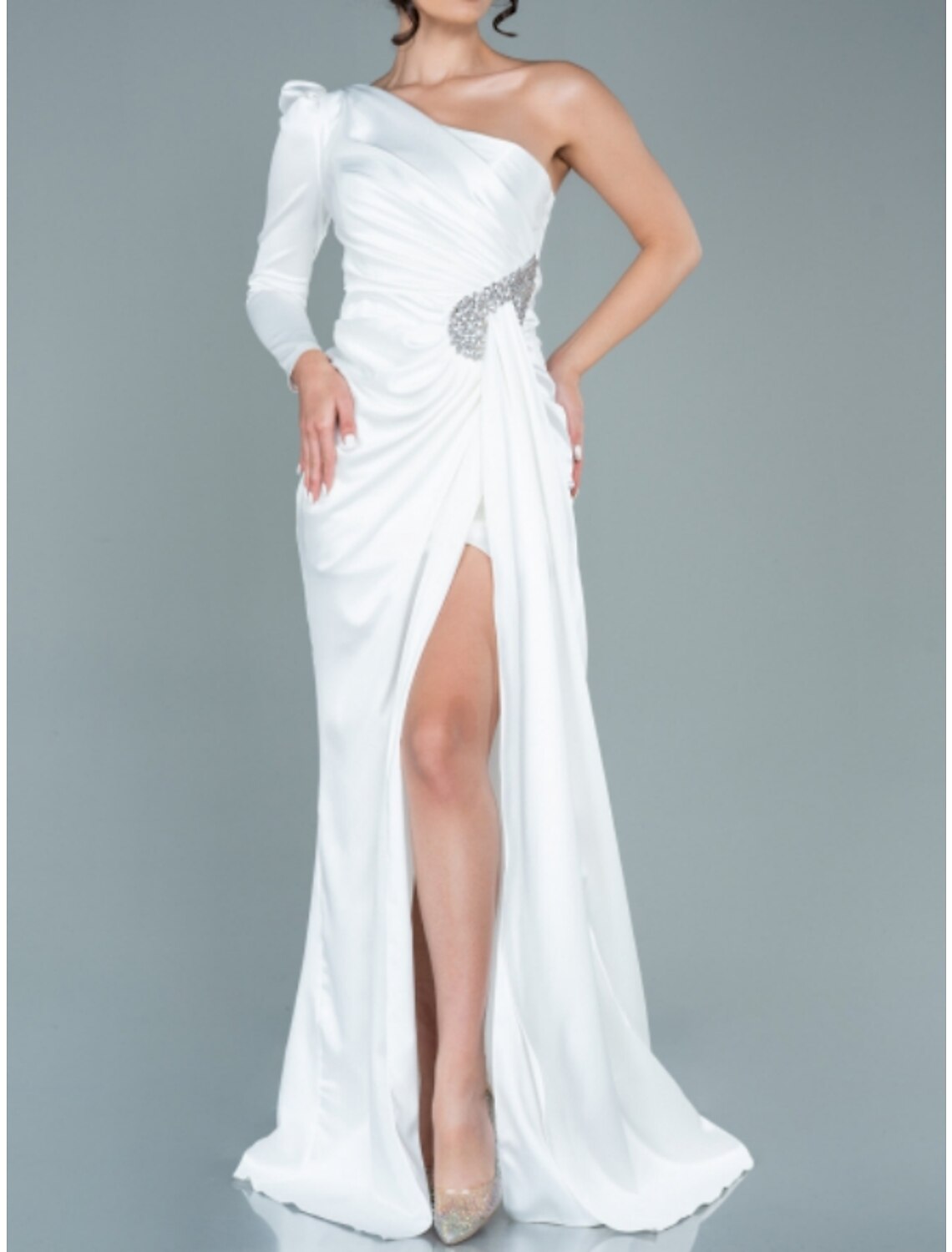 A-Line Evening Gown Elegant Dress Formal Fall Sweep / Brush Train Long Sleeve One Shoulder Satin with Ruched Sequin Slit 2026