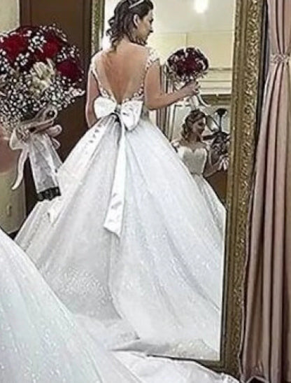 Engagement Formal Wedding Dresses Ball Gown Illusion Neck Cap Sleeve Court Train Lace Bridal Gowns With Bow(s) Appliques