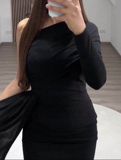 Mermaid Black Dress Evening Gown Vintage Dress Formal Masquerade Floor Length Long Sleeve One Shoulder Gothic Chiffon with Ruched