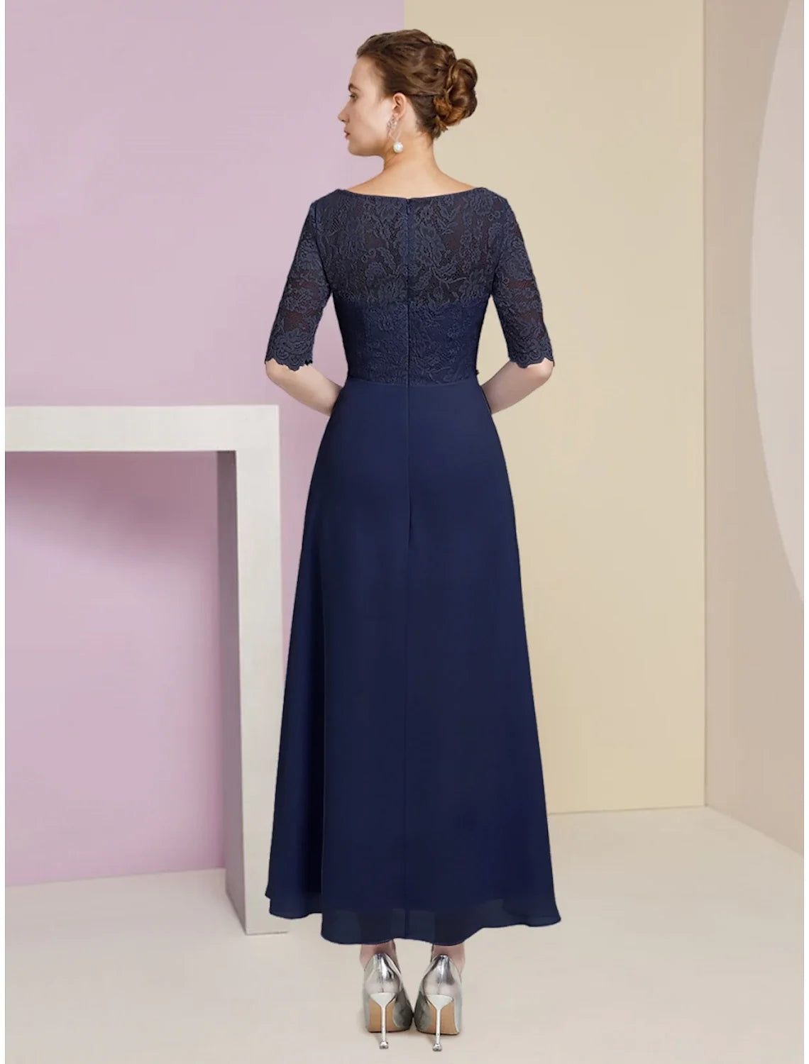 A-Line Mother of the Bride Dress Wedding Guest Elegant Scoop Neck Ankle Length Chiffon Half Sleeve with Crystals Ruching