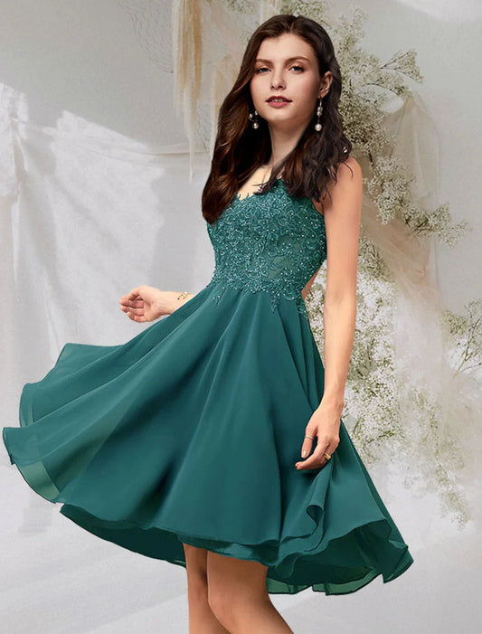 A-Line Cocktail Dresses Flirty Dress Homecoming Graduation Short / Mini Sleeveless V Neck Chiffon Backless with Beading Lace Insert