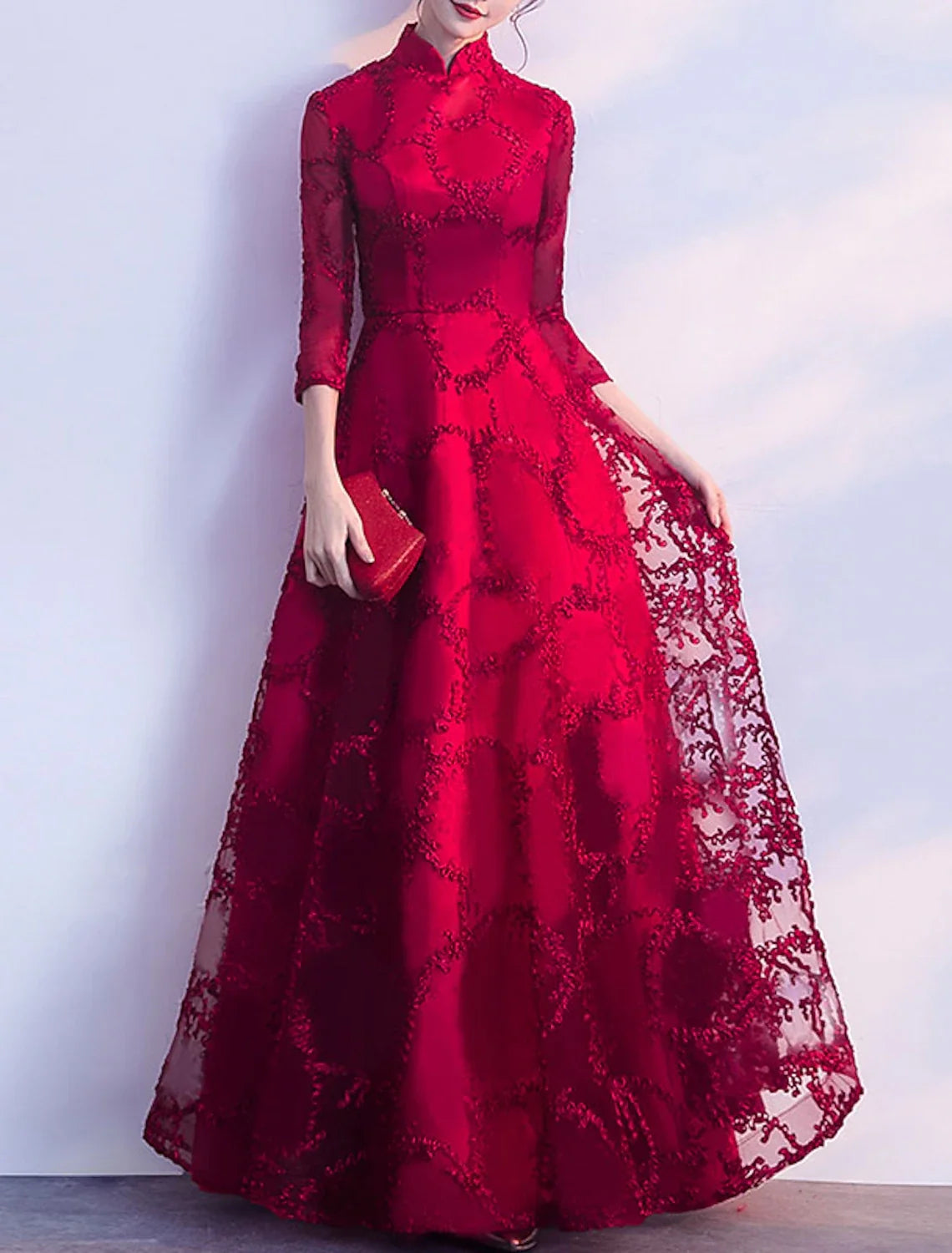 A-Line Evening Gown Vintage Dress Wedding Guest Prom Floor Length 3/4 Length Sleeve Stand Collar Tulle with Pleats Appliques