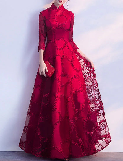 A-Line Evening Gown Vintage Dress Wedding Guest Prom Floor Length 3/4 Length Sleeve Stand Collar Tulle with Pleats Appliques