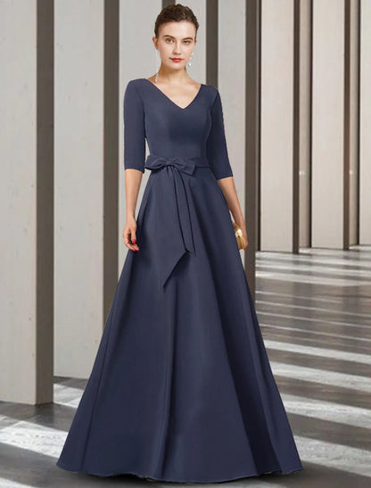 Sheath / Column Mother of the Bride Dress Elegant V Neck Floor Length Chiffon Half Sleeve with Bow(s) Pleats