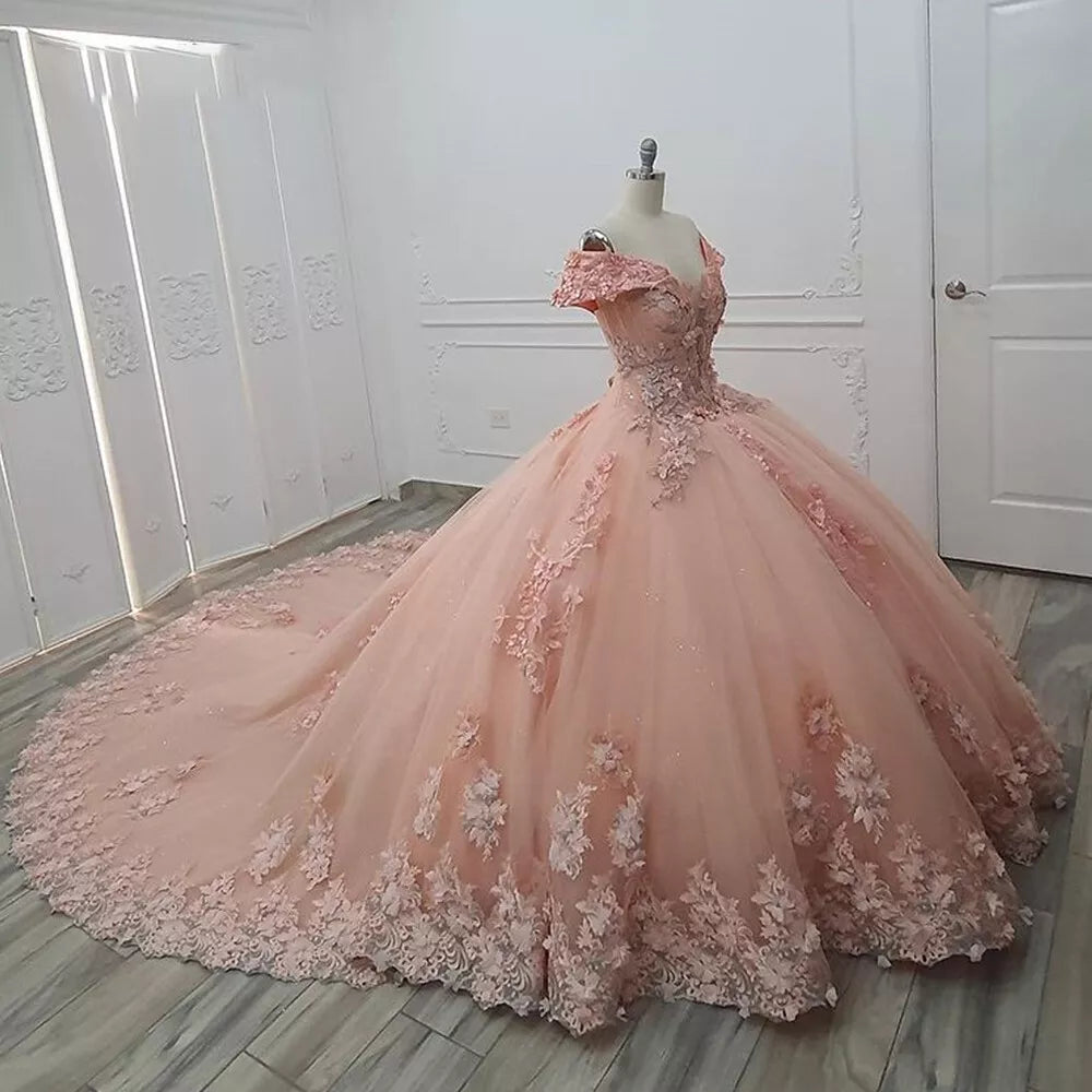 Pink Quinceanera Dress Sweet 16 Beaded Off Shoulder 3D Floral Ball Gown Quinceanera Dresses