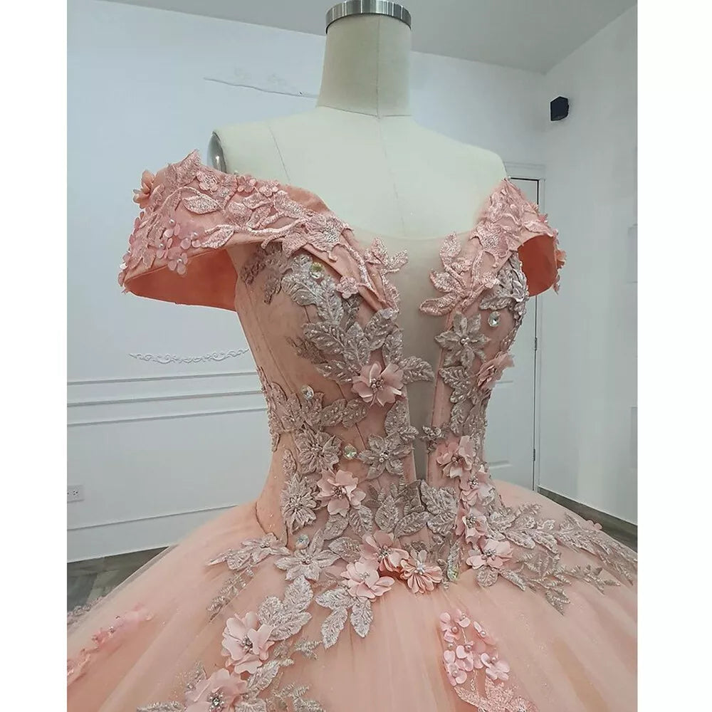 Pink Quinceanera Dress Sweet 16 Beaded Off Shoulder 3D Floral Ball Gown Quinceanera Dresses