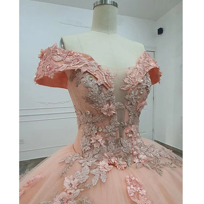 Pink Quinceanera Dress Sweet 16 Beaded Off Shoulder 3D Floral Ball Gown Quinceanera Dresses