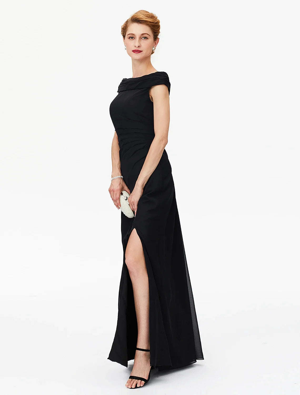 Sheath / Column Mother of the Bride Dress Furcal Off Shoulder Floor Length Chiffon Short Sleeve No with Pleats Split Front