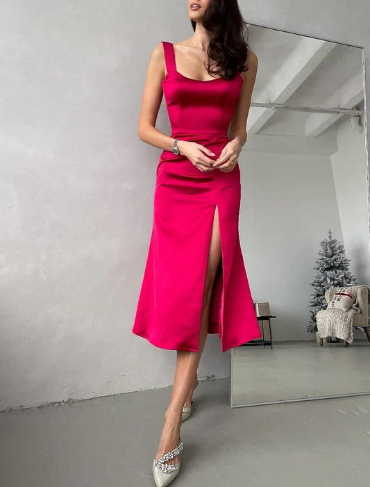 Sheath / Column Cocktail Dresses Elegant Dress Wedding Guest Cocktail Party Tea Length Short Sleeve Scoop Neck Satin with Draping Slit