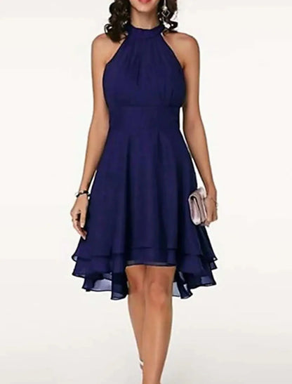 A-Line High Waisted Cocktail Party Dress Halter Neck V Back Engagement Semi-formal Dance Sleeveless Knee Length Chiffon with Sleek Tier